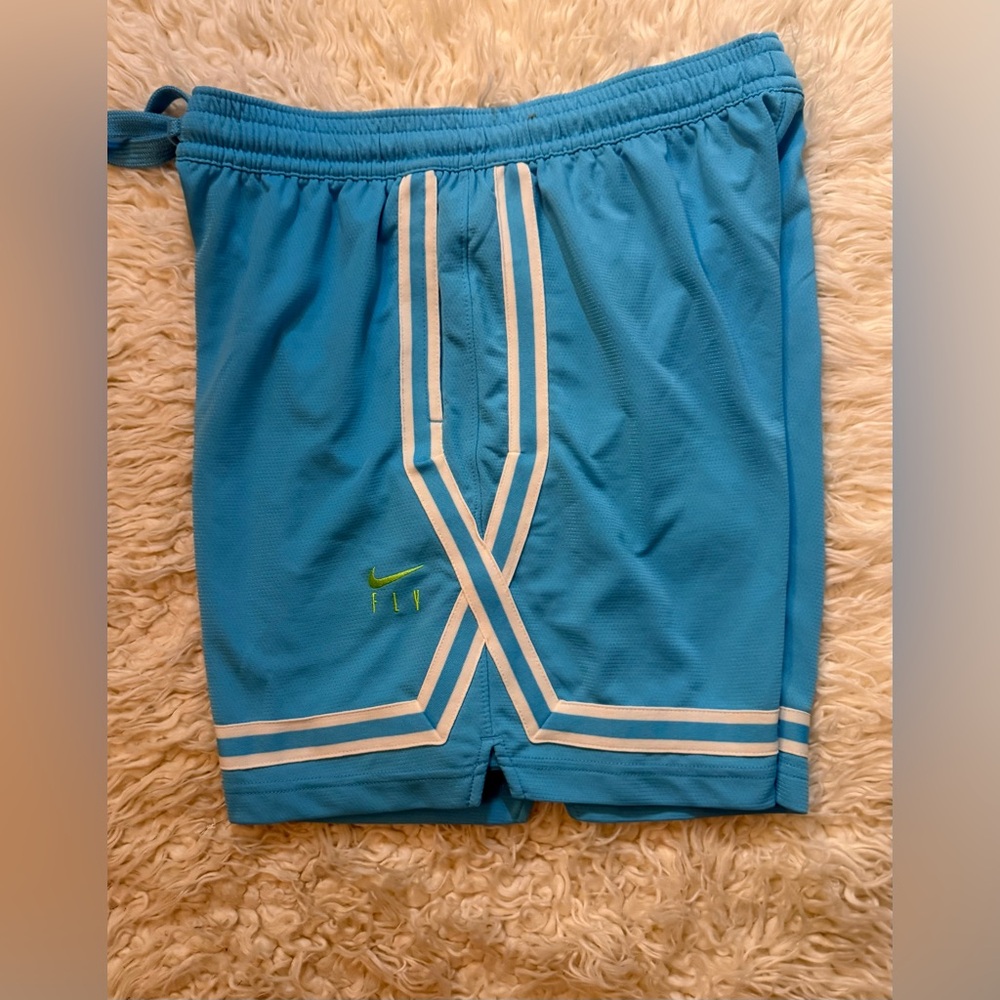 Nike Light Blue Fly Shorts with Lime Green Swoosh & White Accents, 7 inch.